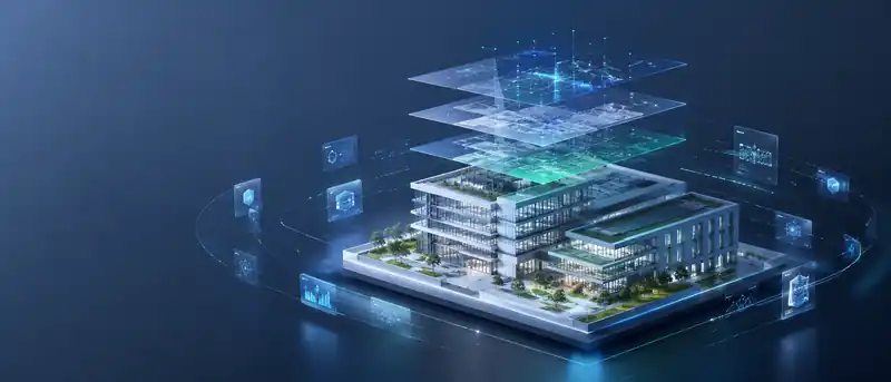 3D-Visualisierung einer LCDM Plattform mit Gebäude-, Daten- und Lifecycle-Ebenen